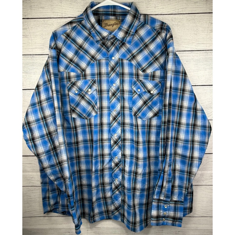 Wrangler Western Fashion Snap Shirt XXL Plaid Blue Black‎ Menswear